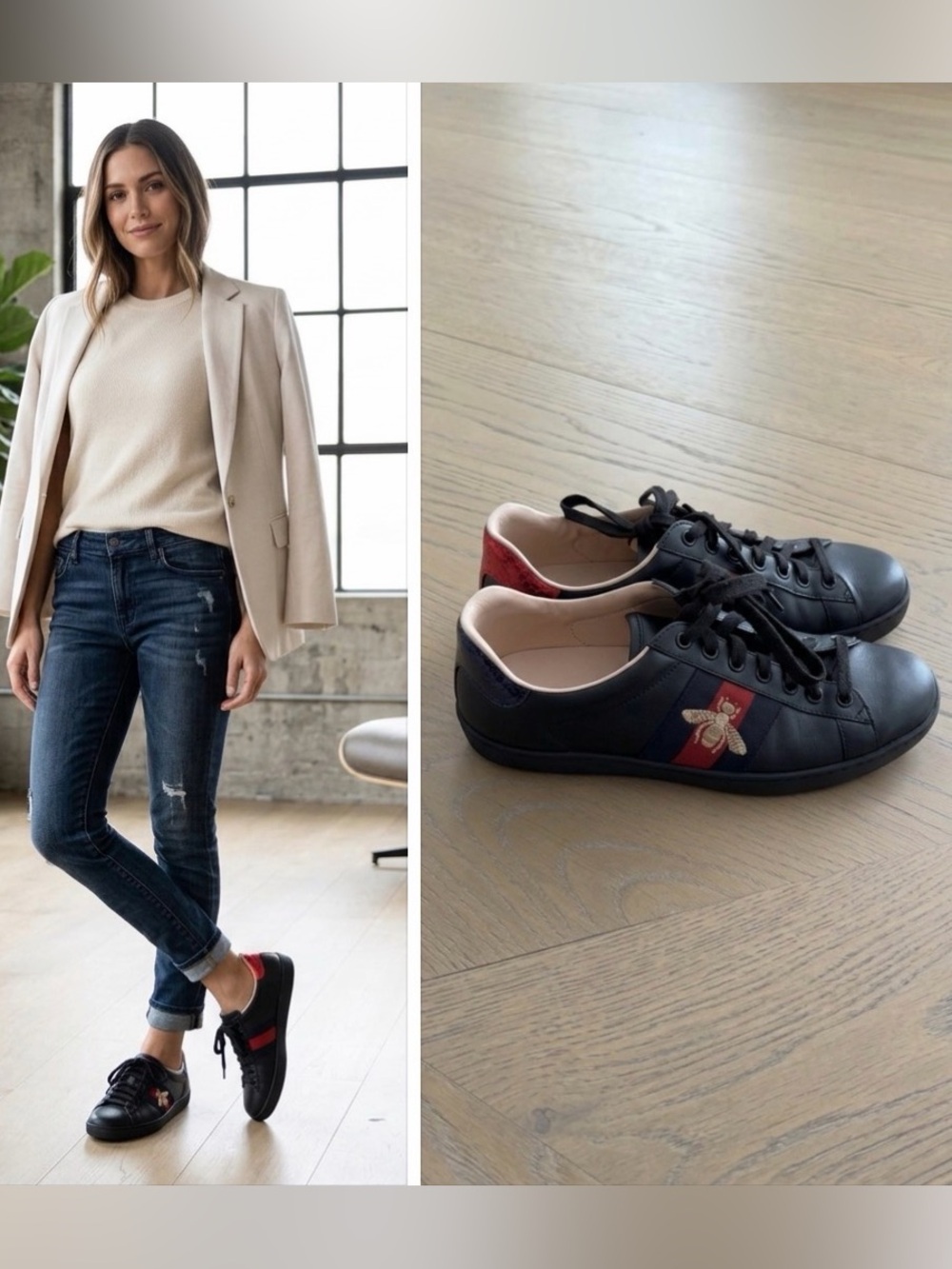 🐝 Gucci Black Leather Sneakers with Red & Blue and Embroidered Bee